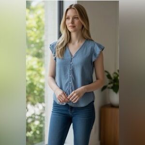 Velvet Heart Los Angeles Harley Oat Wheat Button-Up Short Flutter Sleeves Blouse